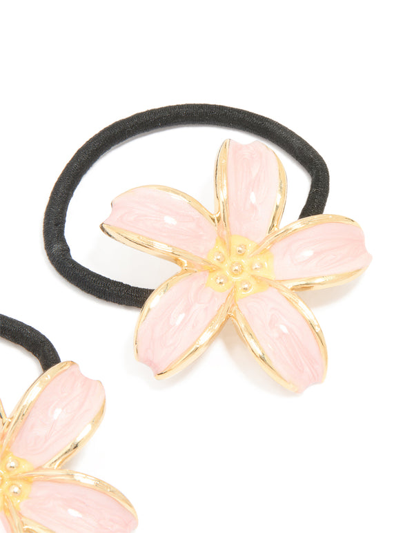 Gold Pink Enamel Flower Hair Ties 2-Pack