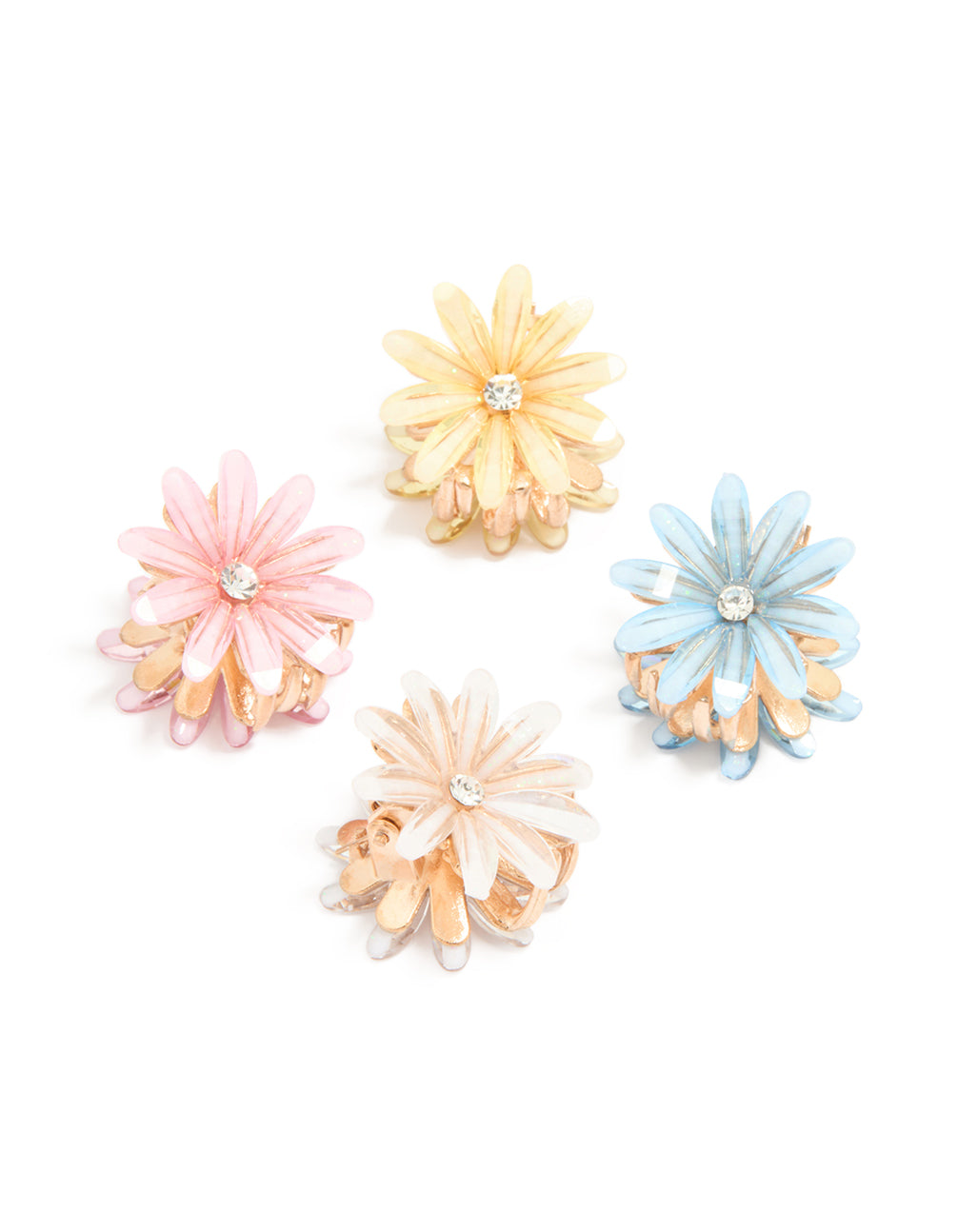 Mixed daisy facet claw clips 4-pack featuring floral print in pink, light blue, peachpuff, and gold front view