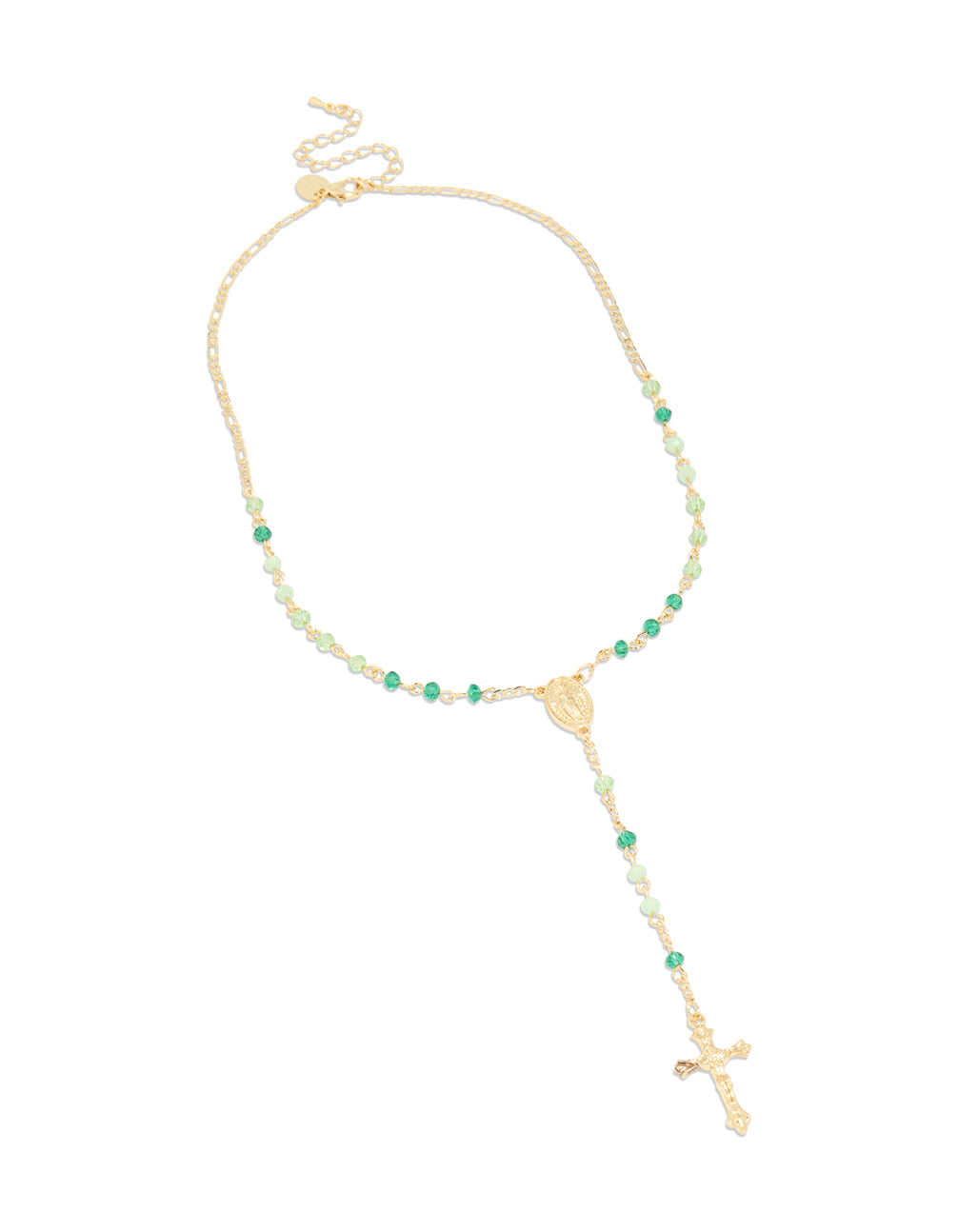 Gold Plated Green Beaded Lariat Cross Necklace