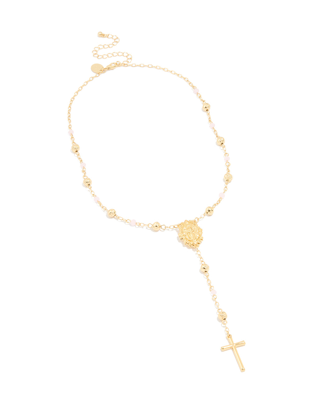 Displaying a gold plated pink beaded lariat cross necklace with balls, beads close front view