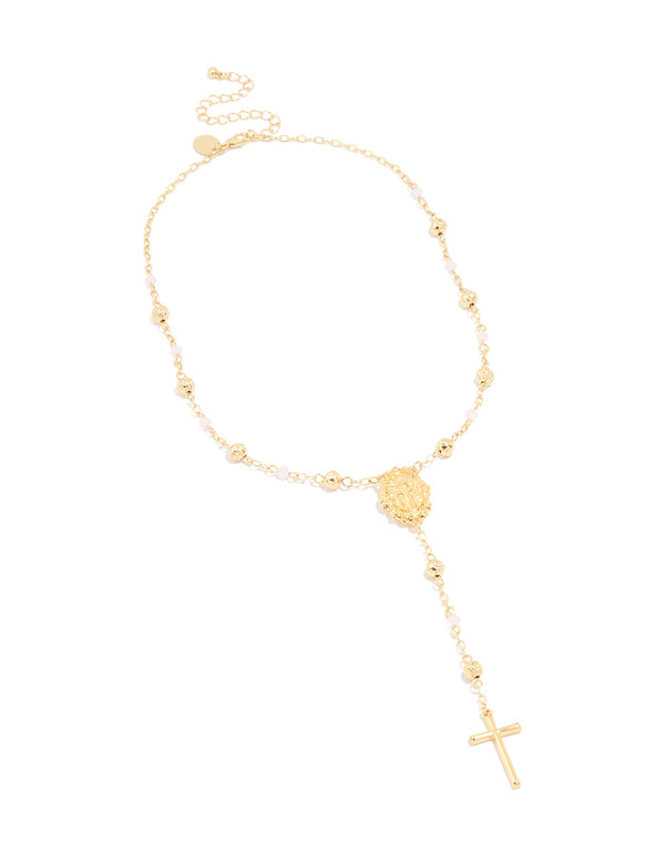 Gold Plated Pink Beaded Lariat Cross Necklace