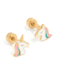 Kids Gold Plated Surgical Steel Unicorn Flat Back Earrings - link has visual effect only