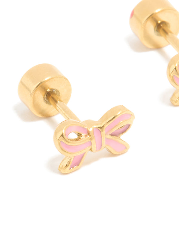 Gold Plated Surgical Steel Enamel Bow Flat Back Earrings