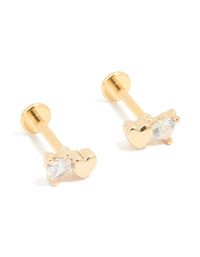 Kids Gold Plated Surgical Steel Cubic Zirconia Heart Flat Back Earrings - link has visual effect only
