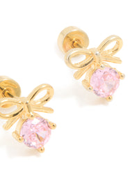 Kids Gold Plated Surgical Steel Pink Cubic Zirconia Bow Flat Back Earrings - link has visual effect only