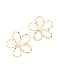 Gold Plated Pearl Flower Cut Out Textured Earrings - link has visual effect only