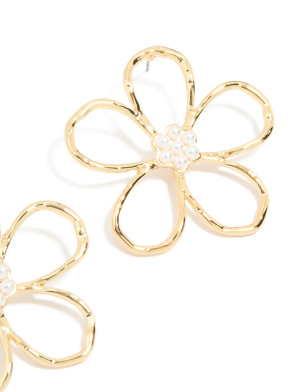 Gold Plated Pearl Flower Cut Out Textured Earrings