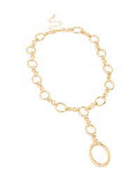 Gold Plated Oval Link Hammered Large Y-Necklace - link has visual effect only