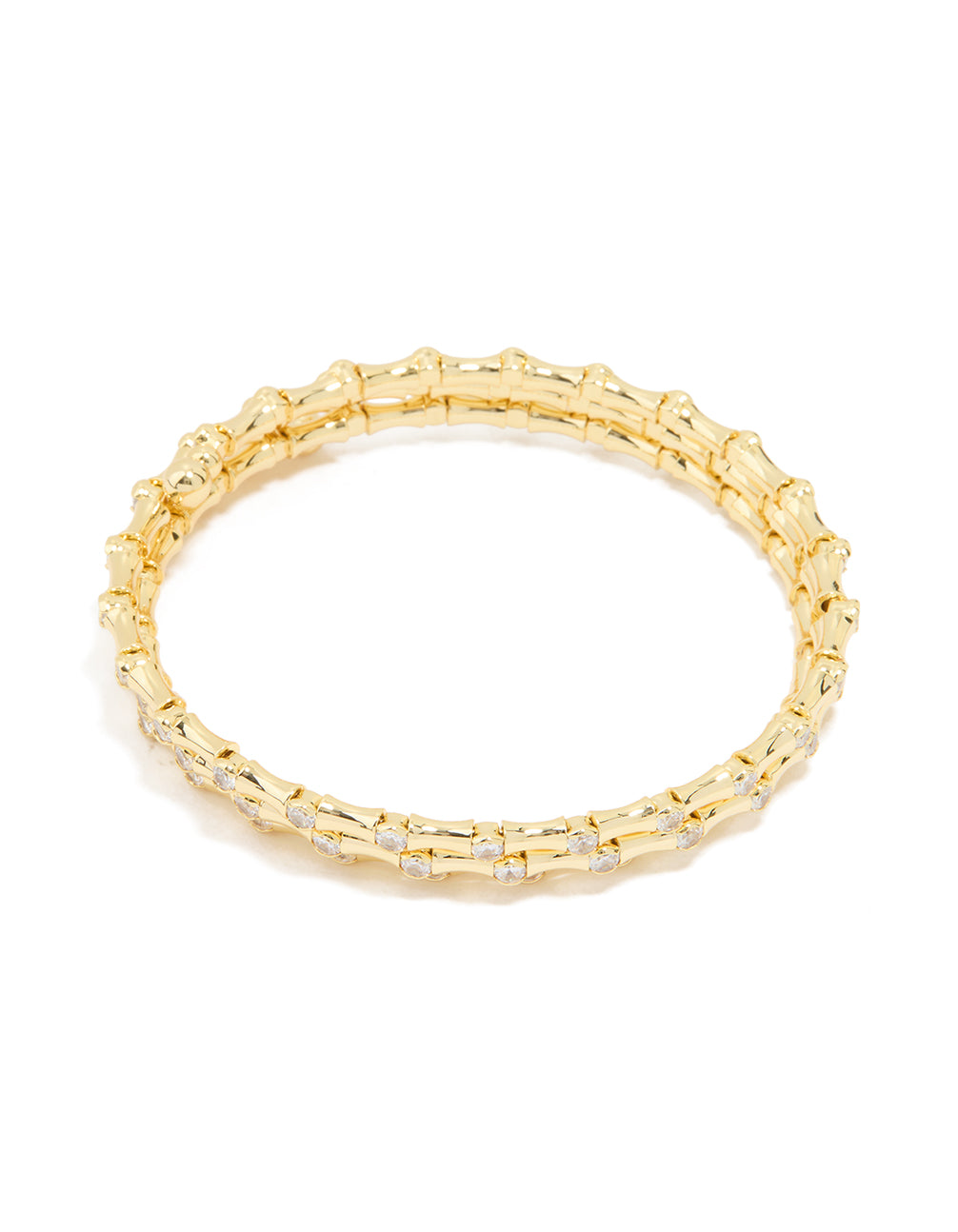 Showcasing this gold plated diamante spiral bangle front view