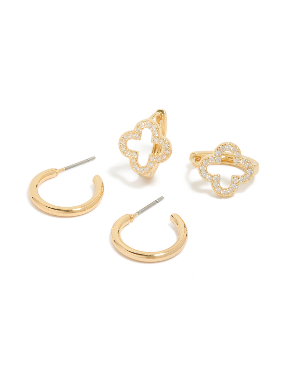 Beautifully crafted cubic zirconia flower and plain huggie earrings 2-pack in gold plated finish front view