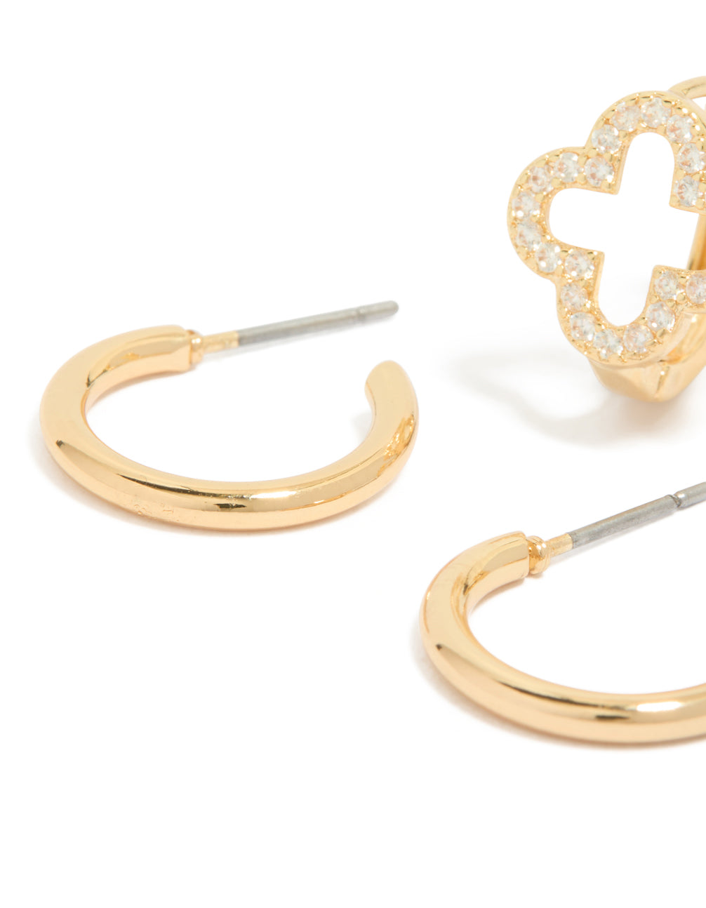 Stunning cubic zirconia flower and plain huggie earrings 2-pack with gold plated finish close up view