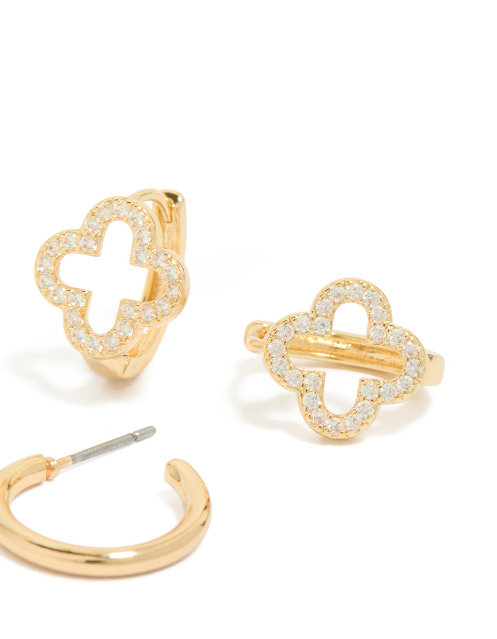 Elegant cubic zirconia flower and plain huggie earrings 2-pack featuring gold plated finish post detail view