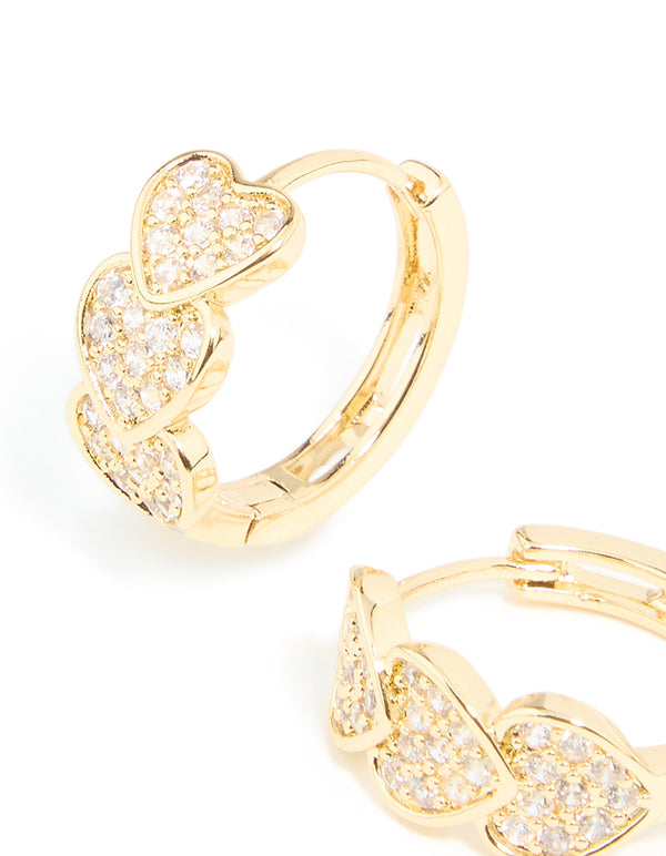 Gold Plated Cubic Zirconia Trio Heart Huggie Earrings