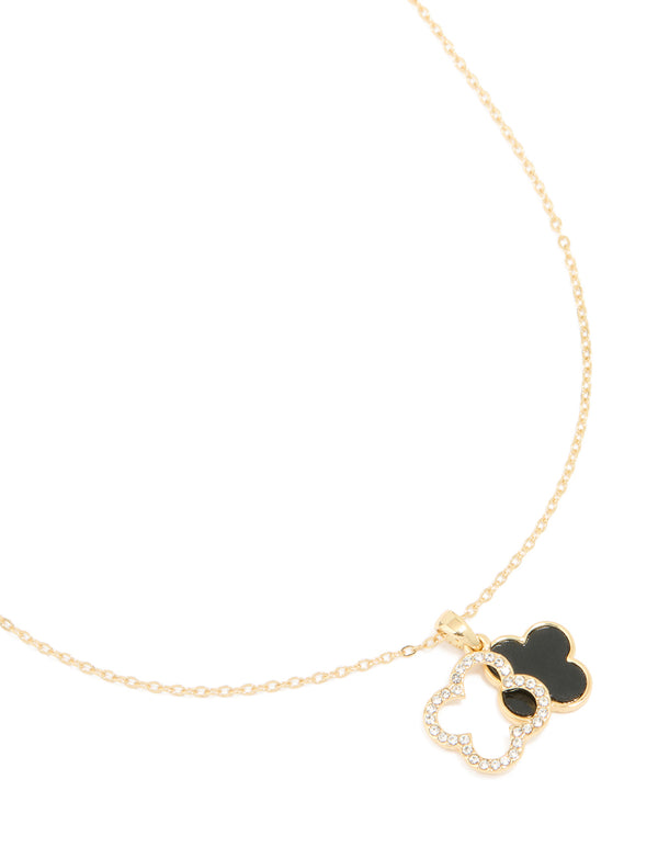 Gold Plated Diamante Outline Black Flower Pendant Necklace