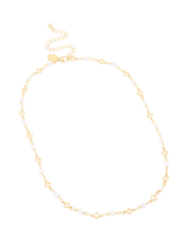 Gold Plated Pearl Flower Outline Necklace