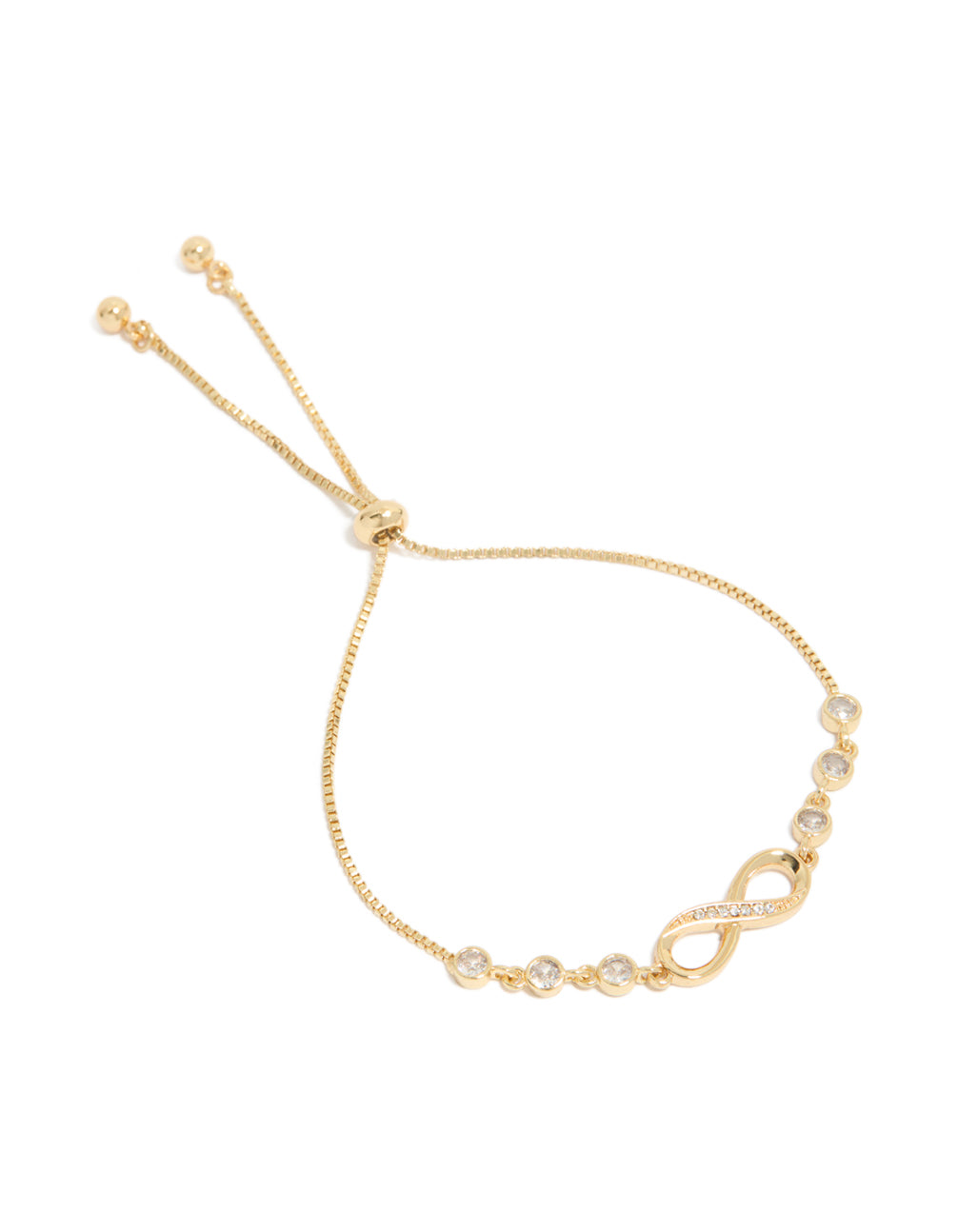 Featuring a infinity bracelet crafted from gold plated cubic zirconia with toggle closure front view