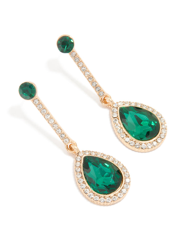 Gold Green Diamante Teardrop Earrings