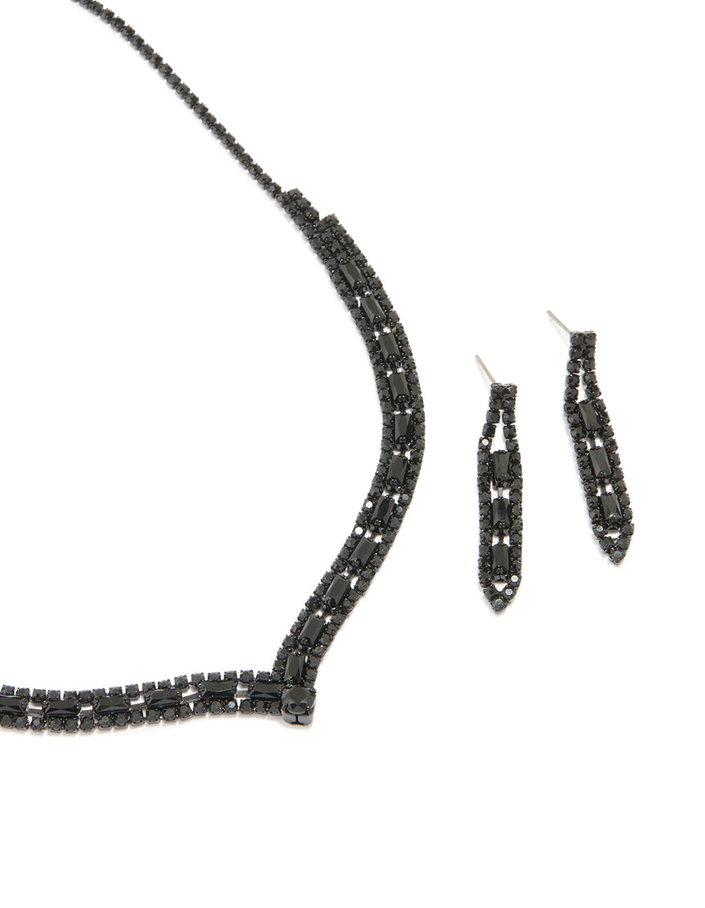 Black Coated Metal Rectangle Pointed Necklace & Earrings Set