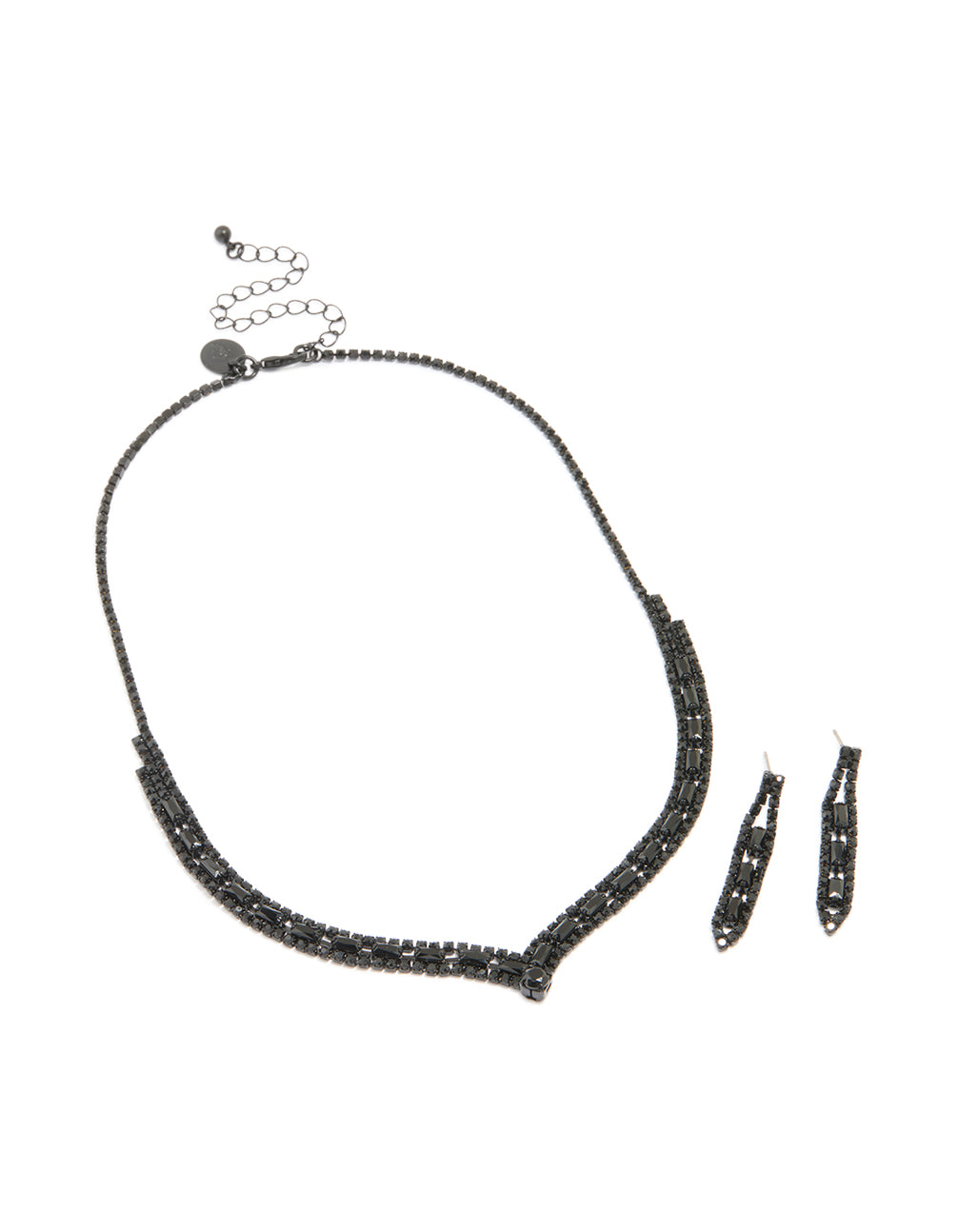 Black Coated Metal Rectangle Pointed Necklace & Earrings Set