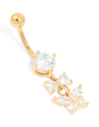 Gold Plated Surgical Steel Cubic Zirconia Bow & Butterfly Drop Belly Bar - link has visual effect only