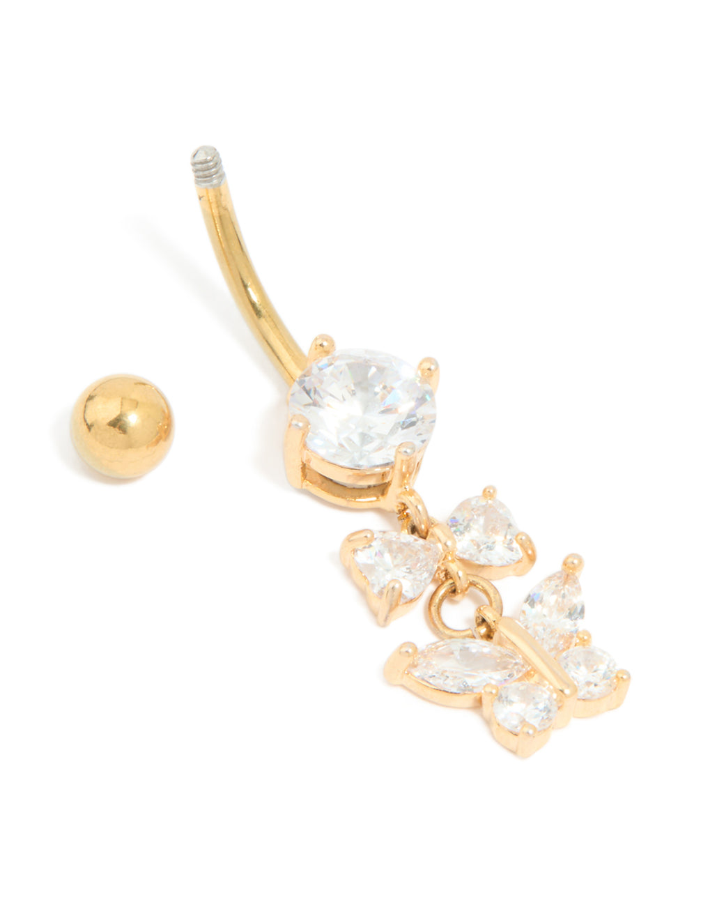 Gold Plated Surgical Steel Cubic Zirconia Bow & Butterfly Drop Belly Bar