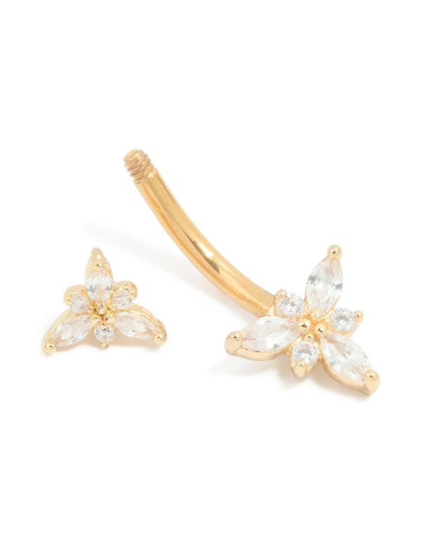 Gold Plated Titanium Diamante Double Dainty Flower Belly Bar