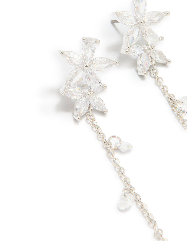 Silver Cubic Zirconia Flower Droplet Earrings