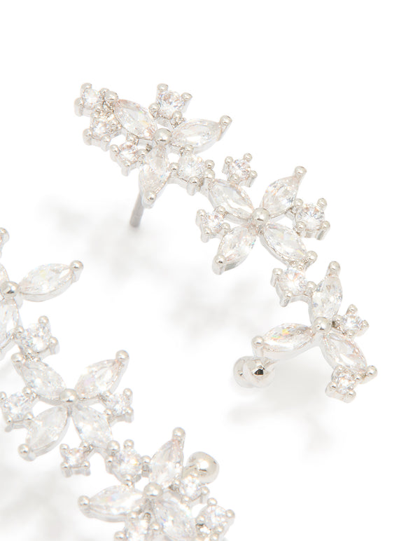 Silver Cubic Zirconia Floral Marquise Cuff Earrings