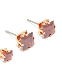 Gold Red Cubic Zirconia Square Stud Earrings 2-Pack - link has visual effect only