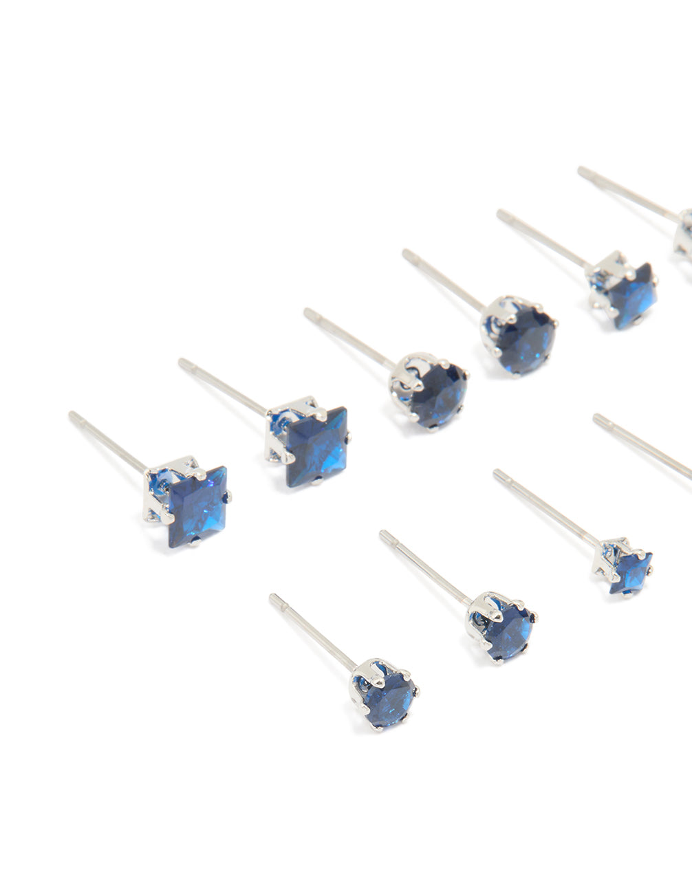 Silver Blue Cubic Zirconia Classic Stud Earrings 6-Pack