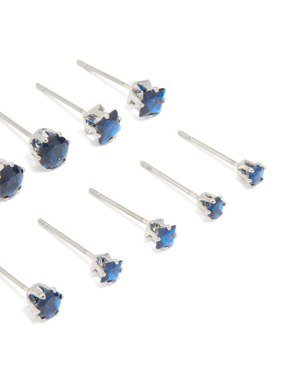 Silver Blue Cubic Zirconia Classic Stud Earrings 6-Pack