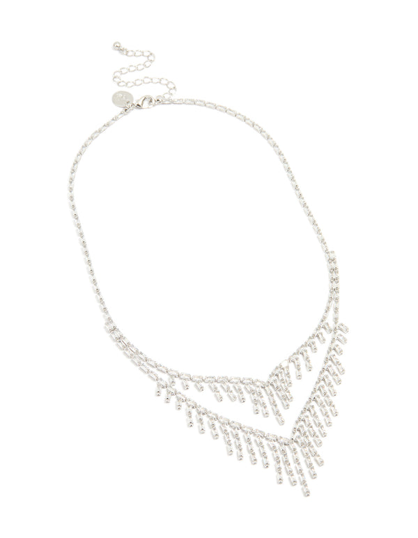 Silver Cubic Zirconia Statement Layered Chain Necklace