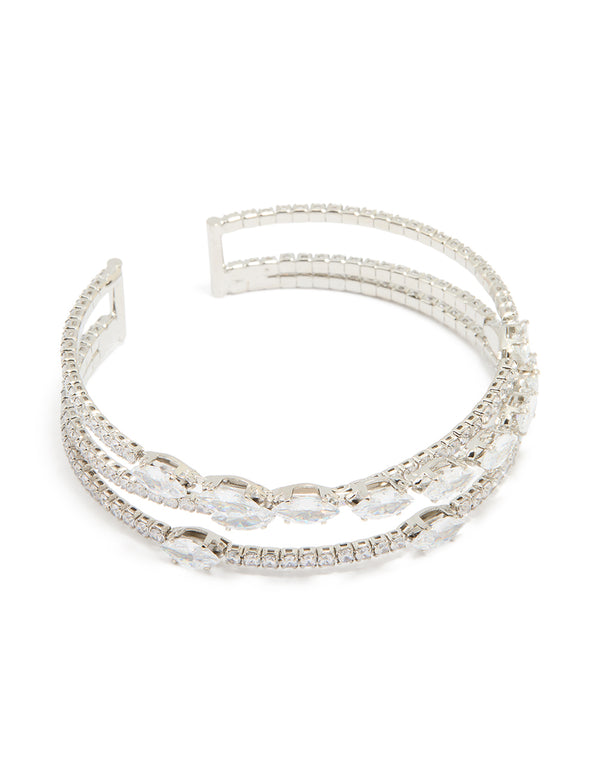 Silver Cubic Zirconia Layered Marquise Wrist Cuff