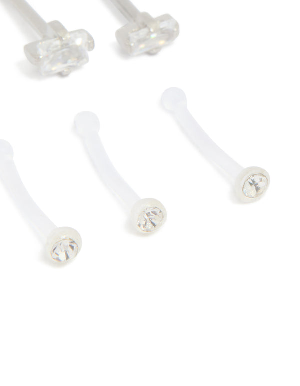 Surgical Steel Cubic Zirconia & Clear Nose Studs 6-Pack
