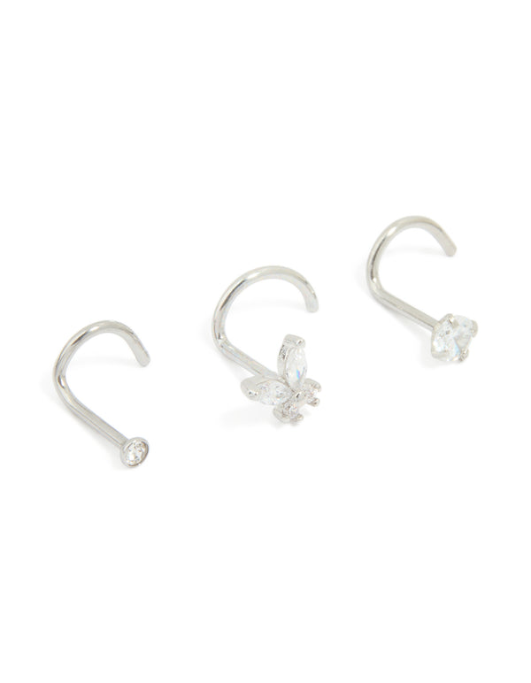 Surgical Steel Butterfly & Diamante Nose Studs 3-Pack