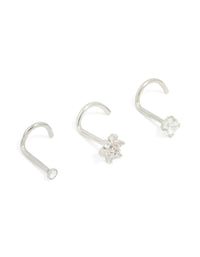 Surgical Steel Cubic Zirconia Floral & Classic Threadless Nose Studs 3-Pack - link has visual effect only