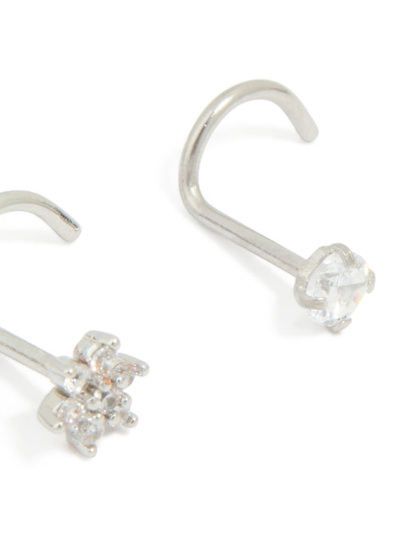 Surgical Steel Cubic Zirconia Floral & Classic Threadless Nose Studs 3-Pack