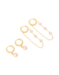 Waterproof Gold Plated Cubic Zirconia Chain Droplet Earrings 2-Pack - link has visual effect only