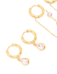 Waterproof Gold Plated Cubic Zirconia Chain Droplet Earrings 2-Pack - link has visual effect only