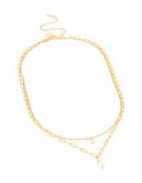 Waterproof Gold Plated Stainless Steel Pearl Chain Layered Necklace - link has visual effect only