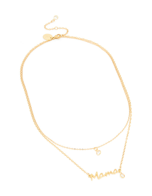 Waterproof Gold Plated Stainless Steel Mama & Cubic Zirconia Pendant Necklaces 2-Pack