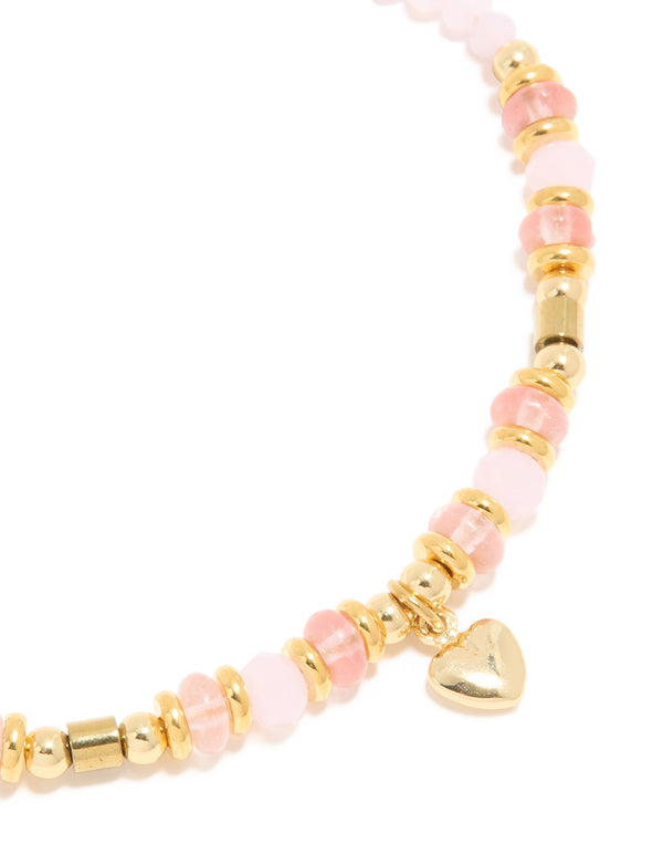Waterproof Gold Plated Stainless Steel Rose Quartz Semi-Precious Stone Beaded & Mini Heart Bracelet