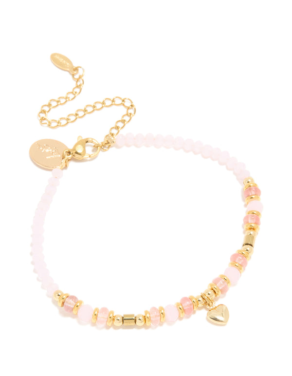 Waterproof Gold Plated Stainless Steel Rose Quartz Semi-Precious Stone Beaded & Mini Heart Bracelet