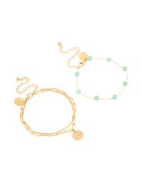 Waterproof Gold Plated Stainless Steel Green Semi Precious Stone & Love Bracelet 2-Pack - link has visual effect only