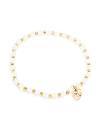 Waterproof Gold Plated Stainless Steel Clear Quartz Semi Precious Stone & Heart Link Chain Bracelet - link has visual effect only
