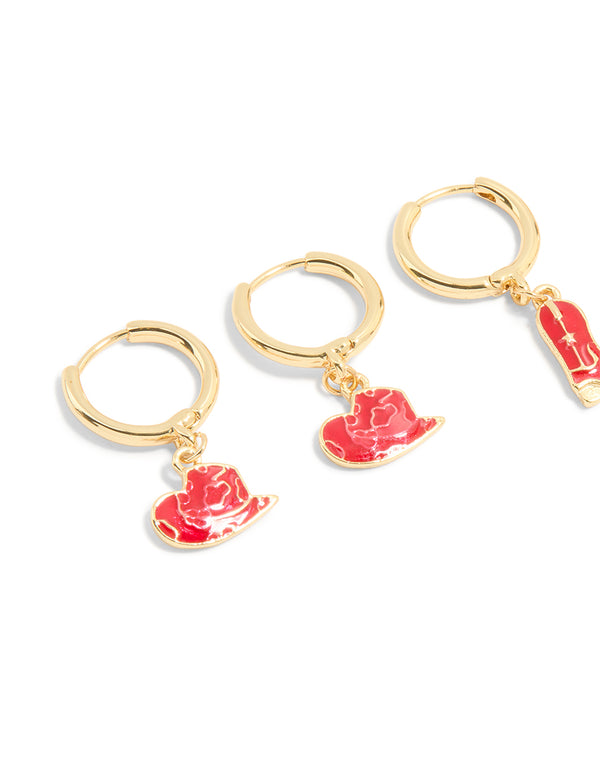 Gold Plated Red Cowboy & Snake Earrings 3-Pack