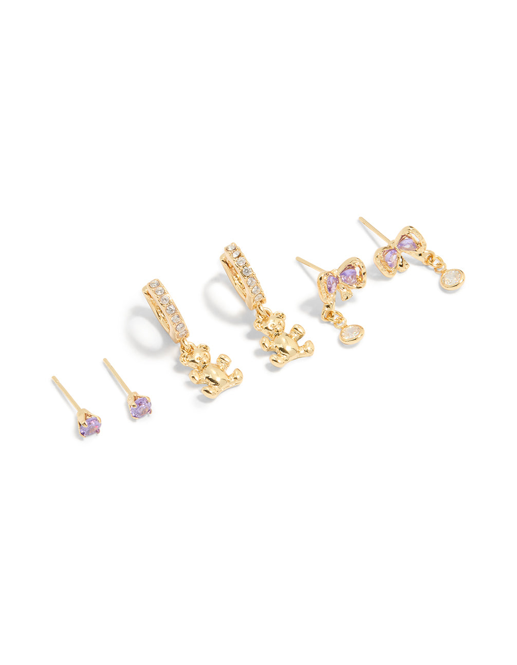 Gold Plated Purple Cubic Zirconia Dainty Bow & Stud Earrings 3-Pack