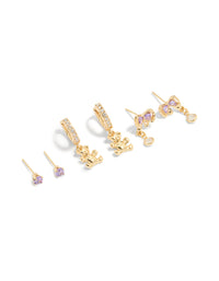 Gold Plated Purple Cubic Zirconia Dainty Bow & Stud Earrings 3-Pack - link has visual effect only