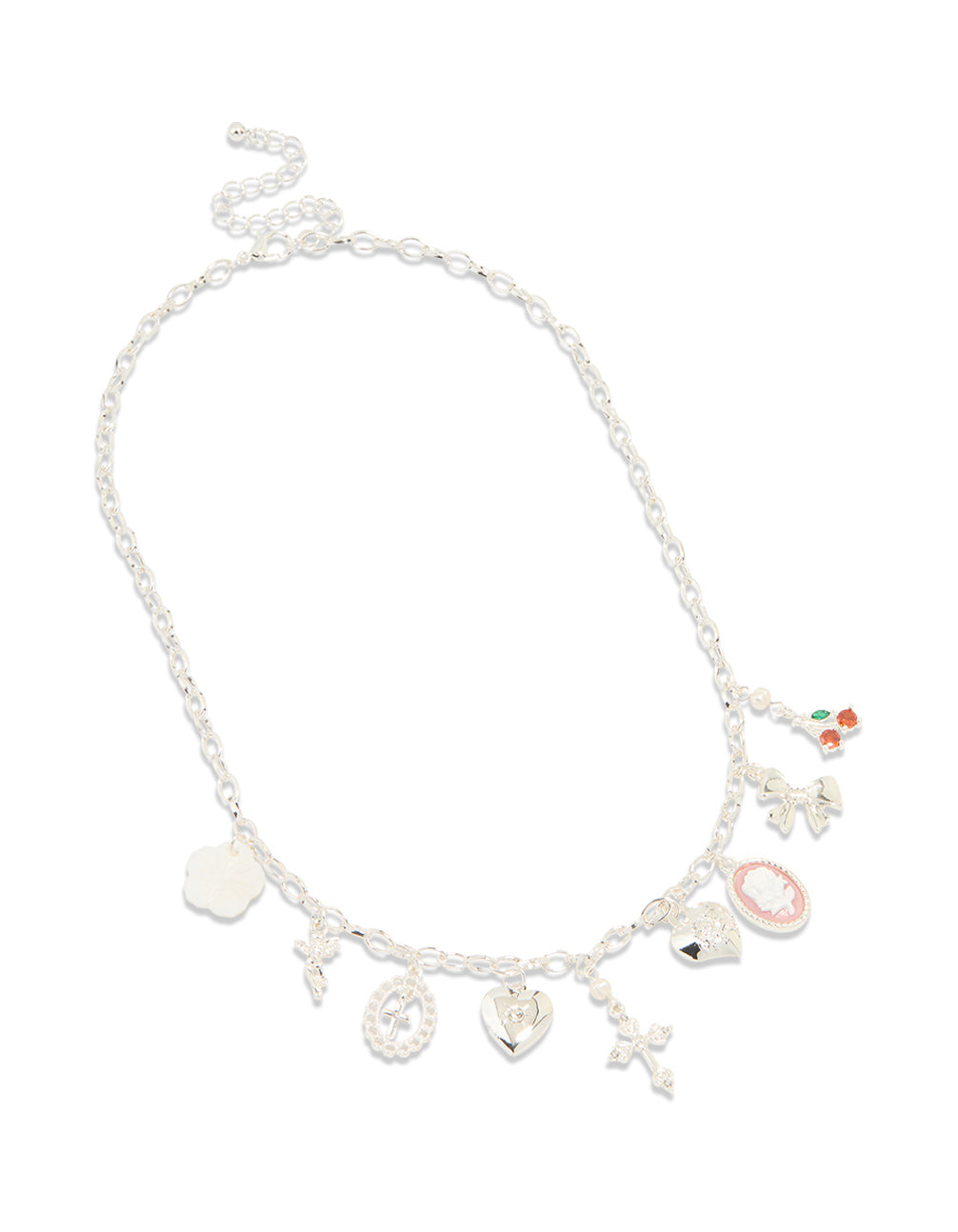 Silver Plated Multi Heart & Cross Charm Necklace
