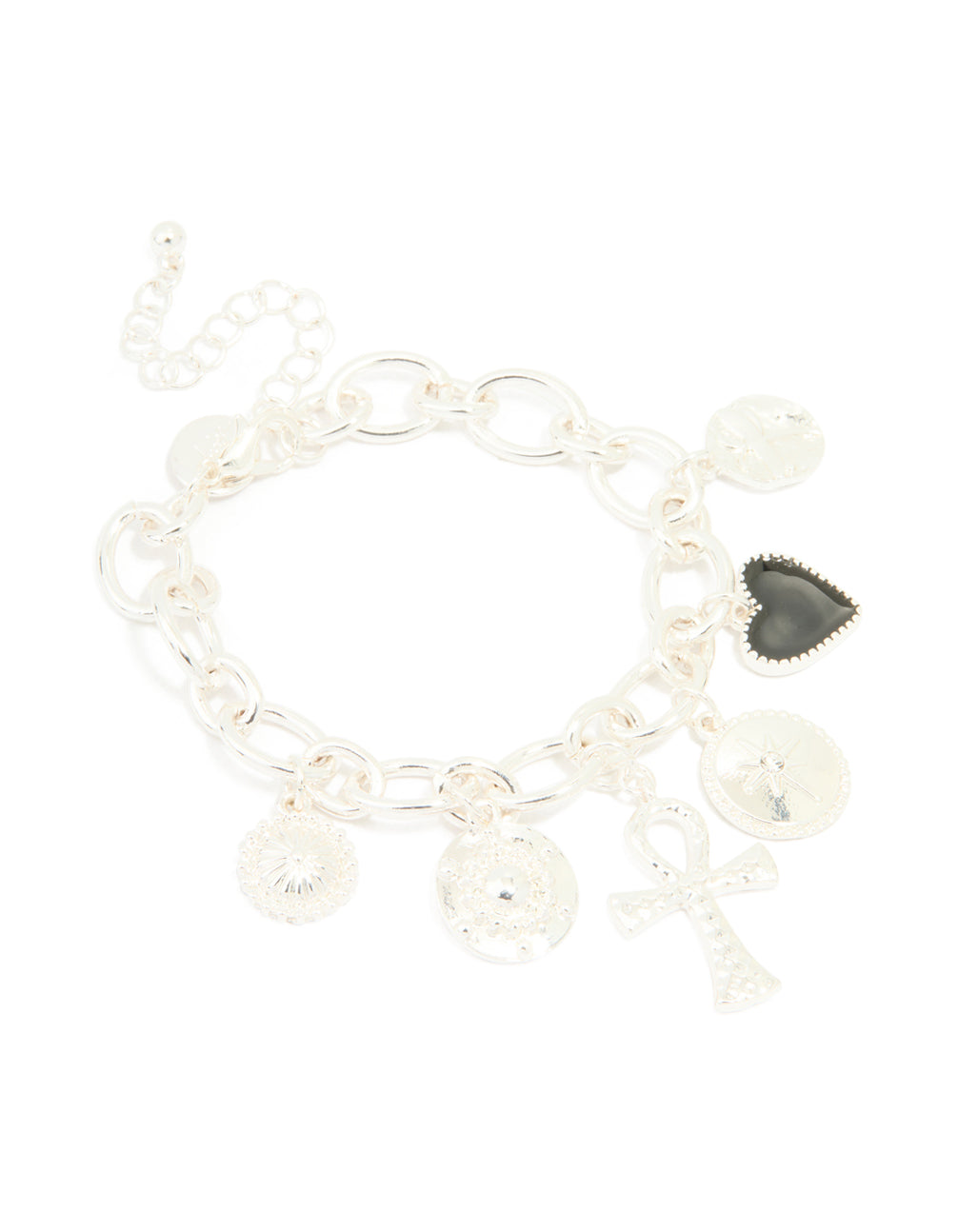 Silver Plated Chunky Cross & Black Charm Charm Bracelet
